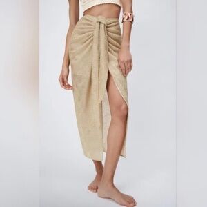 Zara Cream Tan Wrap Midi Skirt with Ruched Tie Front